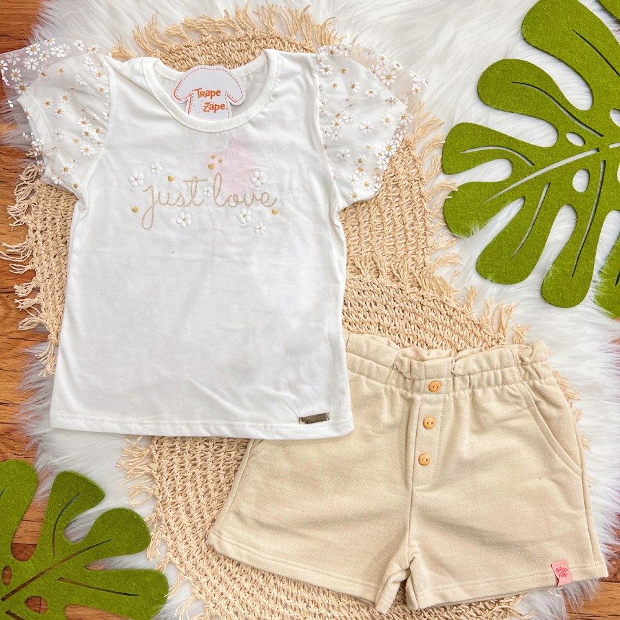 Conj. Blusa Just Love com Margaridas e Short - Off White e Areia